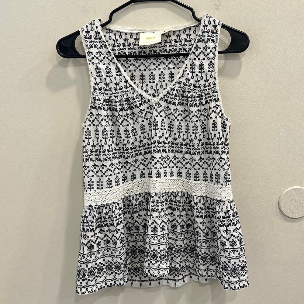 Maeve Anthropologie Cream Black Cammie Peplum Top Eyelet Lace Embroidery Boho XS